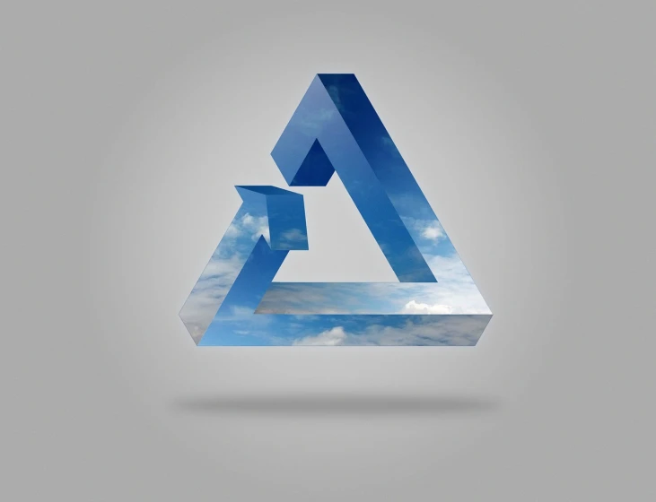 a picture of a triangle with clouds in the background, a 3D render, by Alexander Robertson, clean logo design, impossible angles, arcylic, air brush illustration