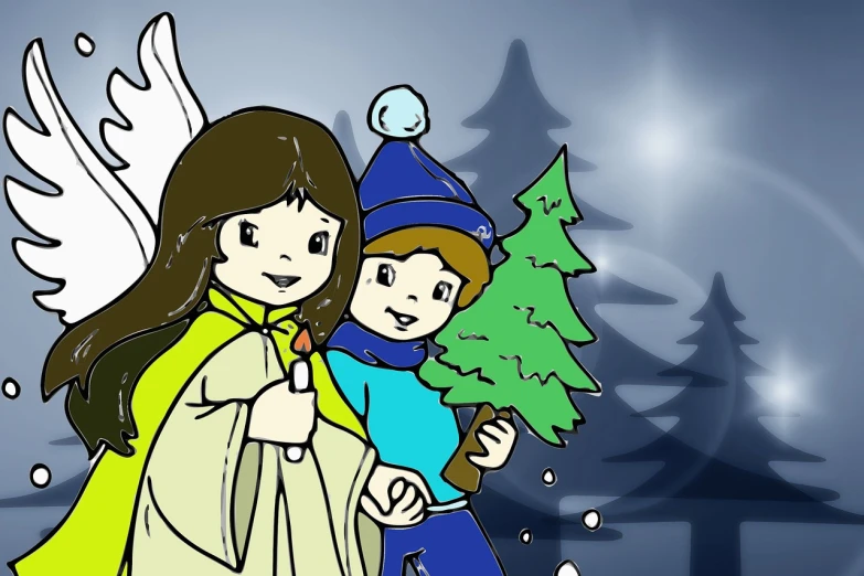 a drawing of an angel holding a christmas tree, a storybook illustration, deviantart contest winner, boy and girl, winter concept art, closeup shot, cartoon style illustration