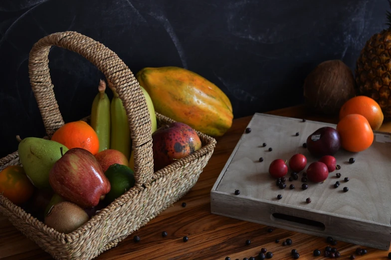 a basket of fruit sitting on top of a wooden table, a still life, by Juan O'Gorman, pexels, brazilian, close-up product photo, miniature product photo, istock