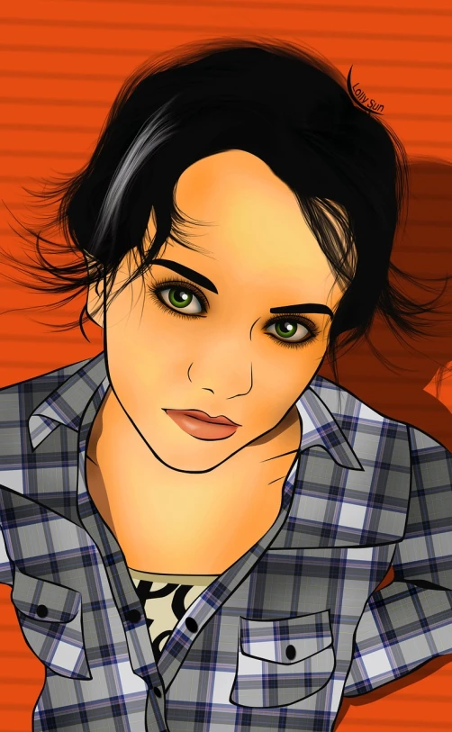 a drawing of a woman with green eyes, vector art, inspired by mads berg, deviantart contest winner, digital art, rukis. comic book style, highly detailed and colored, cartoon style illustration, teenage girl