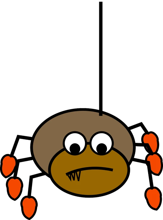 a cartoon spider hanging from a rope, by Harry Beckhoff, pixabay, big hazel nut brown eyes, !!! very coherent!!! vector art, concerned expression, pumpkin