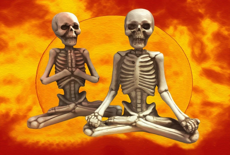 a couple of skeletons sitting on top of each other, a digital rendering, inspired by Alex Grey, fine art, figure meditating close shot, in front of an orange background, fully body photo, stock photo