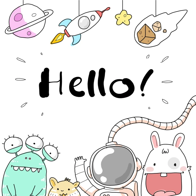 a group of cartoon animals standing next to each other, space art, hello, card template, doodles, in intergalactic japan