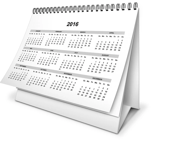 a calendar sitting on top of a desk, a digital rendering, by Andrei Kolkoutine, pixabay, white bg, 2016, black-and-white, years old