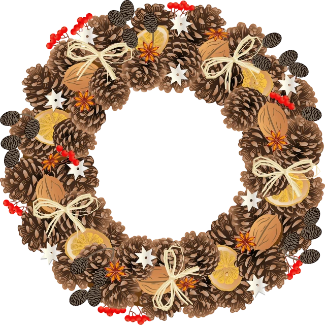 a close up of a wreath made of pine cones, an illustration of, shutterstock, no gradients, on a black background, full color illustration, fruit