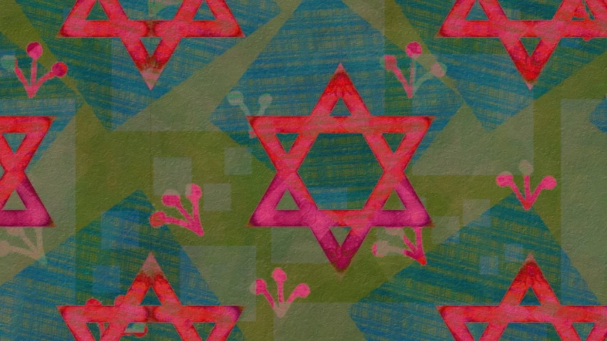 a painting of a star of david on a green background, a digital rendering, inspired by Israel Tsvaygenbaum, precisionism, green and pink fabric, mixed media style illustration, detail on scene, repeating patterns