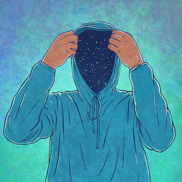 a man in a hoodie covers his face with his hands, vector art, inspired by Josan Gonzalez, conceptual art, stars and galaxies visible, wikihow illustration, surreal flat colors, sky is not visible