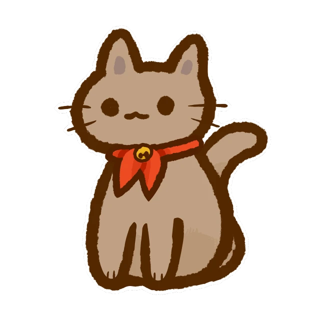 a drawing of a cat with a red collar, a drawing, sōsaku hanga, brown color, ribbon, simple cartoon style, thick collar