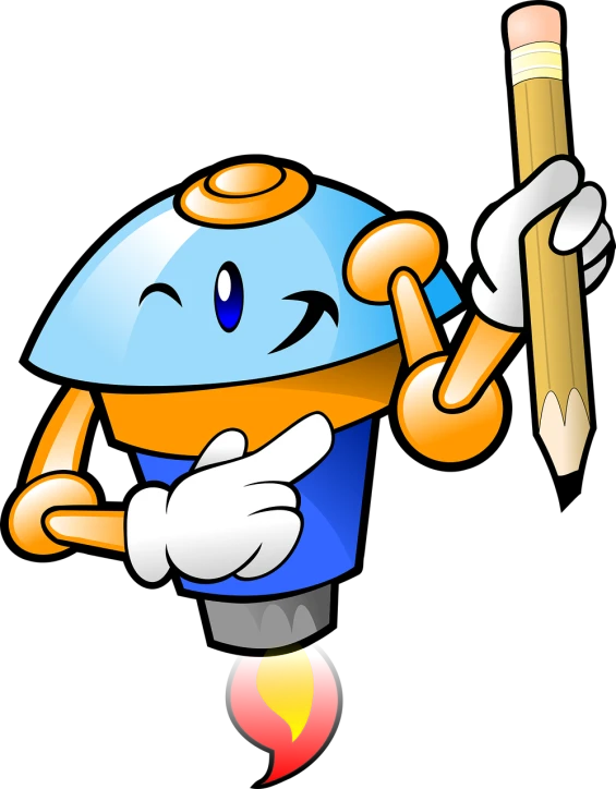 a cartoon cupcake character holding a pencil, a digital rendering, inspired by Irvin Bomb, digital art, mega man, 60's cartoon-space helmet, coloured in blueberra and orange, robot wizard