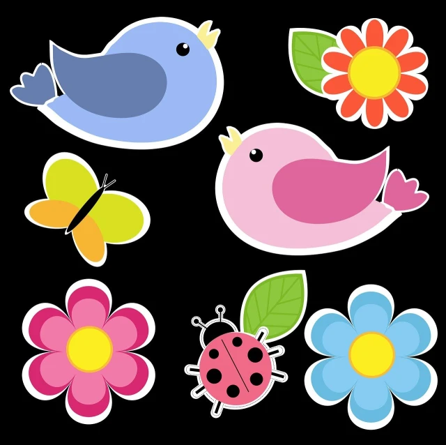 a set of colorful stickers with birds, flowers, and ladybugs, vector art, digital art, on black background, illustrator vector graphics, blue and pink, flash photo