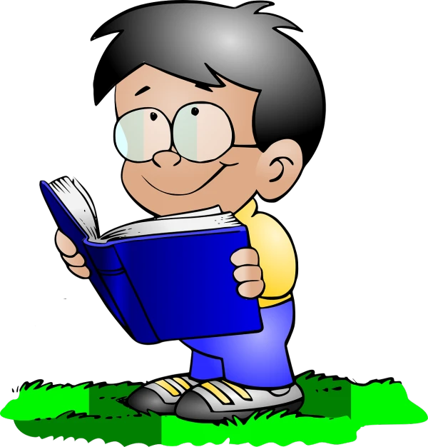 a boy reading a book in the grass, an illustration of, figuration libre, !!wearing glasses!!, with a black background, high res photo, 5