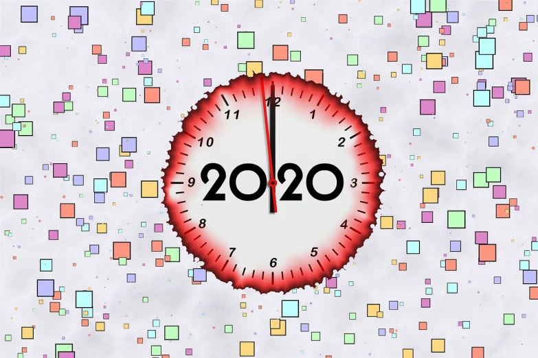 a clock with the year 2020 written on it, by Pamela Drew, pixabay, happening, confetti, created in adobe illustrator, 🦩🪐🐞👩🏻🦳, photo 2 0 1 0