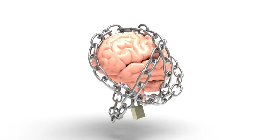 a brain is chained to a padlock, a digital rendering, conceptual art, three quarter view, istockphoto, mad dog on a chain, bottom angle