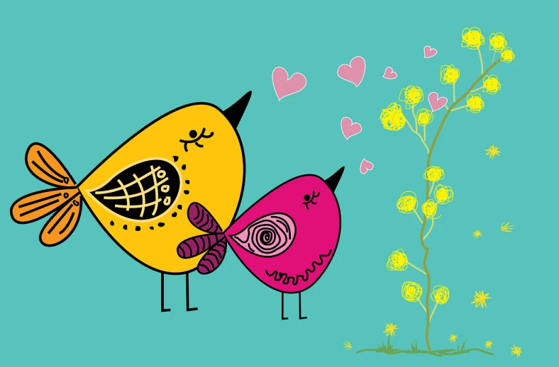 a couple of birds standing next to each other, vector art, by Lizzy Ansingh, naive art, pink and yellow, licking, 5 k, mom