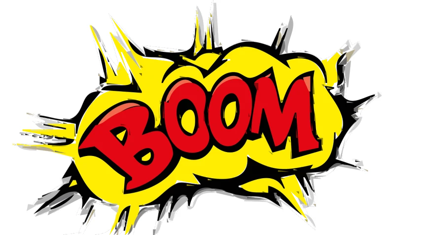 a yellow and red boom sign on a white background, a comic book panel, pixabay, graffiti, powerful explosions, dramatic zoom, bomberman, huge success