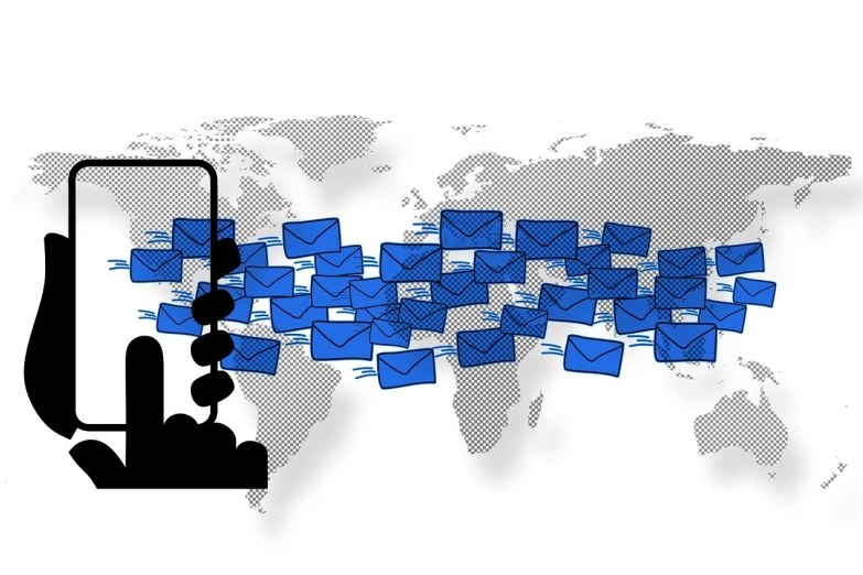 a person holding a cell phone in front of a world map, an illustration of, pixabay, mail art, pipelines, blue-black, stacked image, breeding