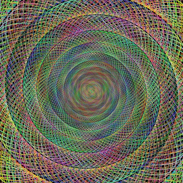 a computer generated image of a colorful spiral, an abstract drawing, by Daniel Chodowiecki, moire, ai enhanced digital art, digitalt art, path traced