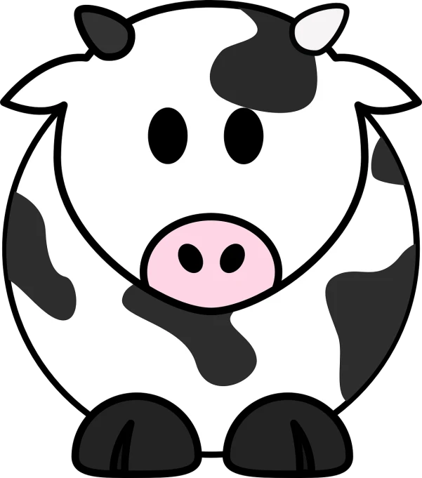 a black and white cow with a pink nose, pixabay, digital art, animated cartoon series, white and black, round, black-and-white