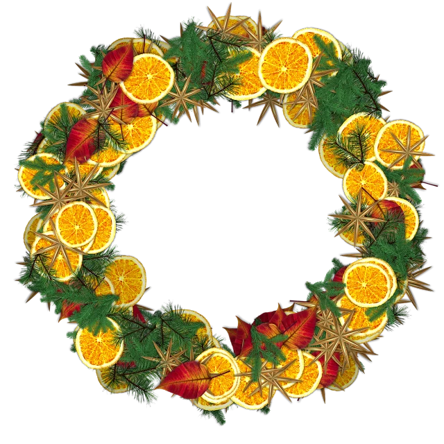 a wreath made of orange slices and leaves, a digital rendering, art deco, けもの, herbs, high resolution!!, with a black background