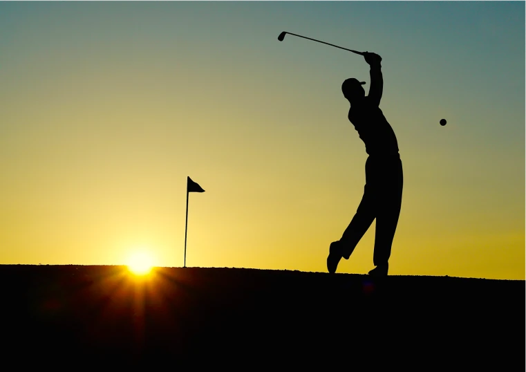 a person swinging a golf club at sunset, shutterstock, digital art, performance, contour, ceo, combine