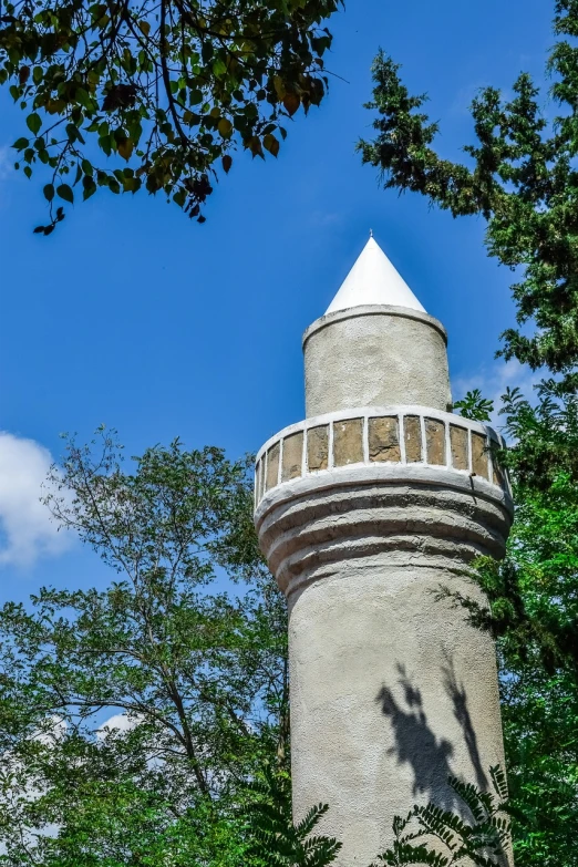 a tall tower sitting in the middle of a forest, a portrait, inspired by Pedro Álvarez Castelló, flickr, ancient city of white stone, islamic architecture, closeup photo, cone shaped