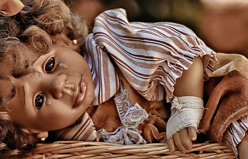 a close up of a doll in a basket, inspired by Bob Byerley, trending on pixabay, african american, injured, alexey egorov, stripes