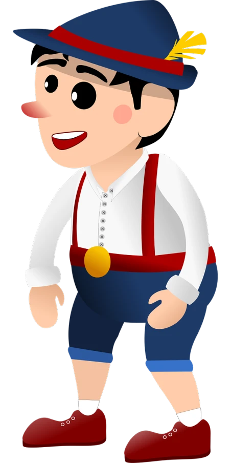 a cartoon boy wearing a hat and suspenders, a digital rendering, inspired by Mario Comensoli, pixabay contest winner, cloth jerkin, wearing pants, norwegian man, costume desig