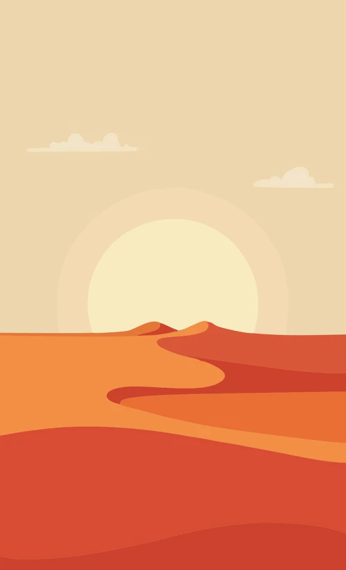 a desert scene with the sun setting in the distance, vector art, art deco, simple 2d flat design, victorian arcs of sand, concept art design illustration, empty space background
