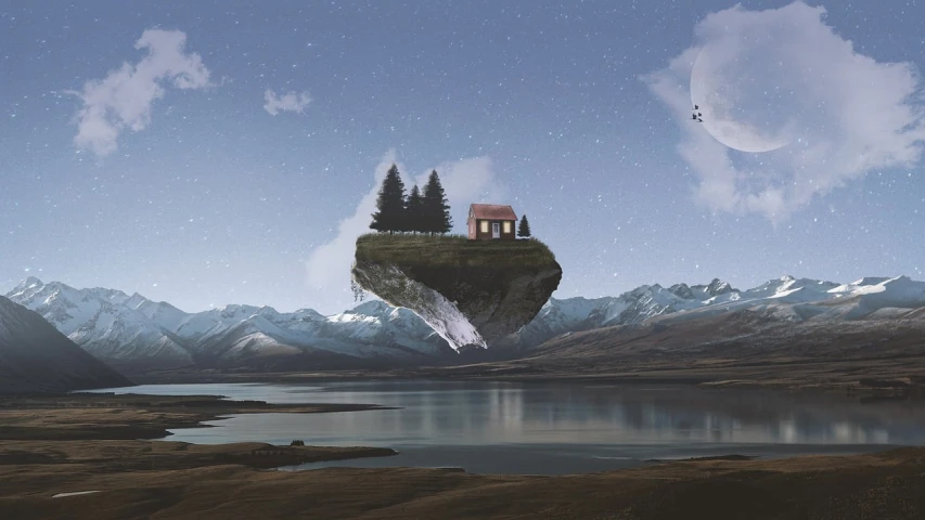 a small island with a house on top of it, a matte painting, unsplash contest winner, magical realism, floating in mid - air, serene illustration, matte painting portrait shot, cute detailed digital art