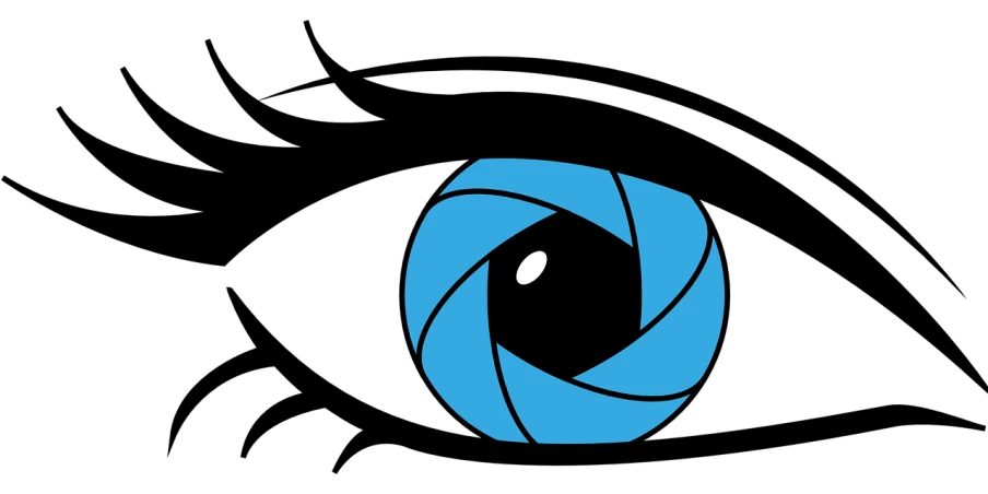 a blue camera lens on a black background, vector art, inspired by Herbert Bayer, deviantart, hurufiyya, wheatly from portal 2, logo without text, giant eyeball, blue and black color scheme))