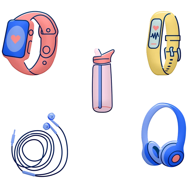 a variety of electronic gadgets on a black background, concept art, by Andrei Kolkoutine, trending on polycount, graffiti, wearing fitness gear, pink and blue colour, bracelets, cartoon style illustration