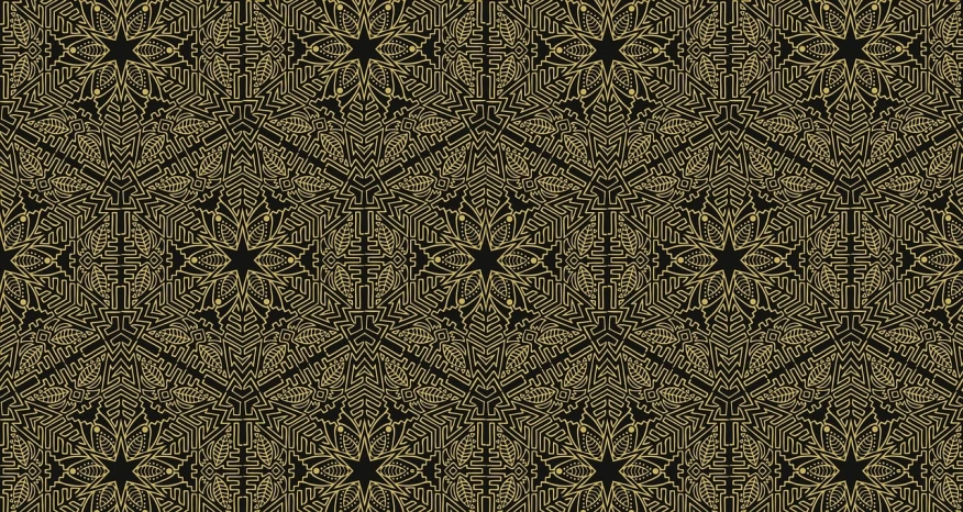 a gold and black pattern on a black background, a digital rendering, tumblr, ayahuasca, phone wallpaper, mc escher tesselation, highly detailed linework