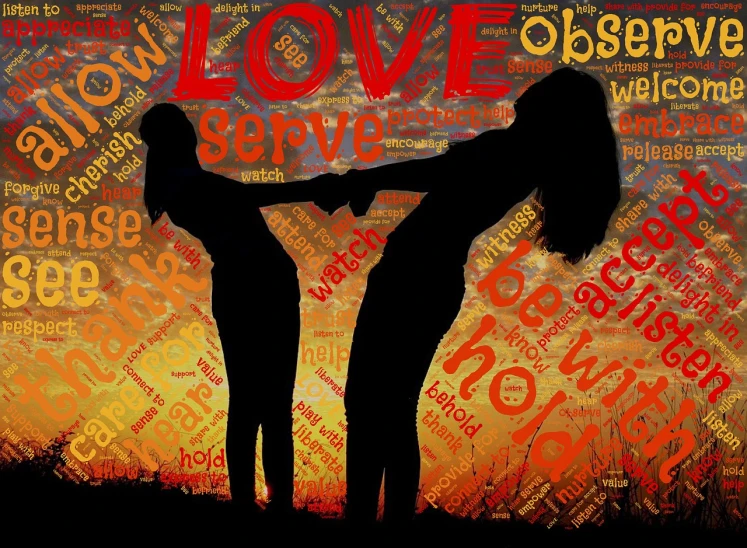 a couple of women standing next to each other, a poster, by Mirko Rački, pixabay, auto-destructive art, love os begin of all, server, words, serving body