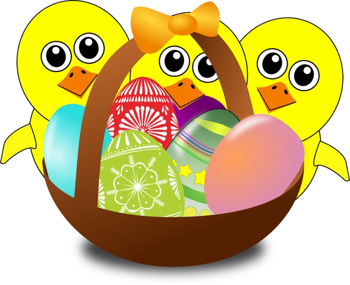 two chicks with easter eggs in a basket, pixabay, mingei, illustration of a duck, group photo, けもの, high res photo