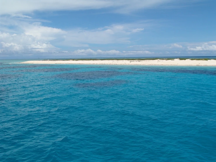 a large body of water next to a sandy beach, by Richard Carline, coral sea bottom, shades of blue, tourist destination, afar