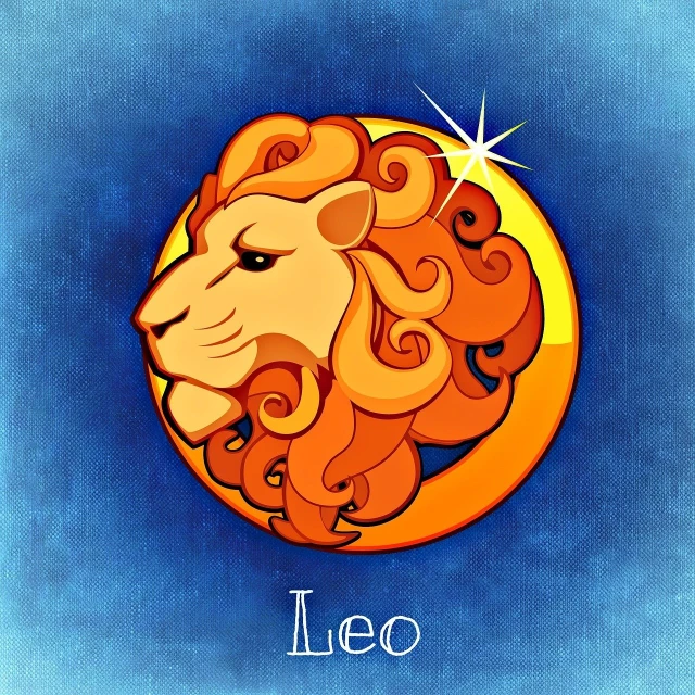 a picture of a leo zodiac sign on a blue background, an illustration of, art deco, a beautiful artwork illustration, orange halo, an illustration, kid