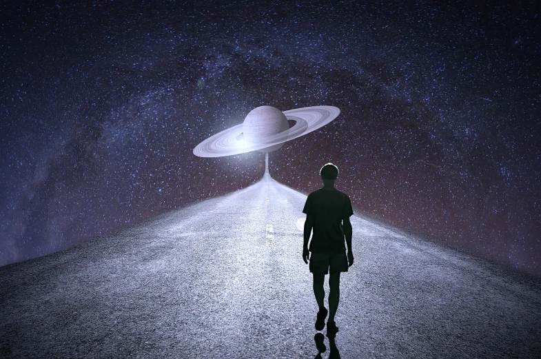 a man that is standing in the middle of a road, concept art, surrealism, saturn in the sky, unpublished photo of ufo, in deep space, walking away from the camera