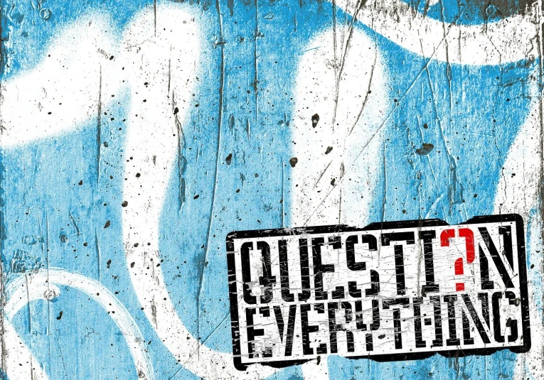 a close up of a sign with graffiti on it, a poster, by Elias Ravanetti, shutterstock, graffiti, question marks, my little everything, inquisitive. detailed expression, ps 2 game box keyart