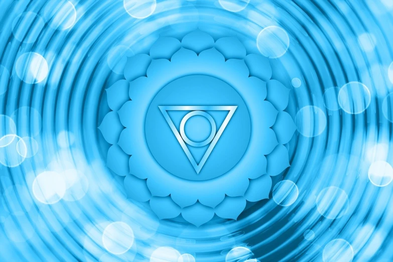 the third chakrai symbol on a blue background, an illustration of, by Juan O'Gorman, shutterstock, sots art, bright blue glowing water, setting is bliss wallpaper, ajna chakra, stock photo