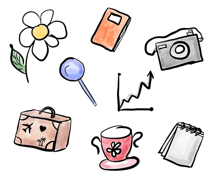 a bunch of different items on a black background, tumblr, digital art, icon, wimmelbild, planning, cartoon image