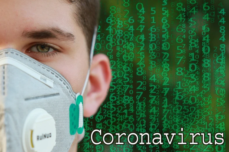 a close up of a person wearing a face mask, an album cover, by Edward Corbett, pixabay, poster of corona virus, green matrix code, coronavirus, header with logo