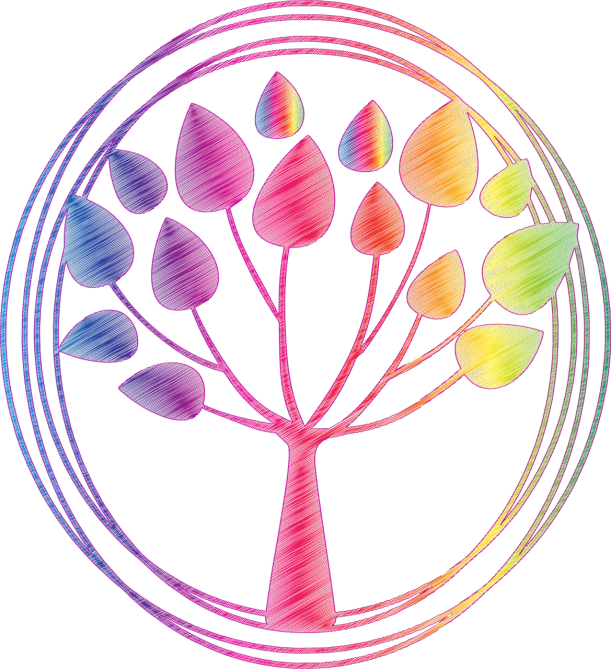 a rainbow colored tree in a circle on a black background, a digital rendering, inspired by Edgar Schofield Baum, avatar for website, jen bartel, plant, holographic design