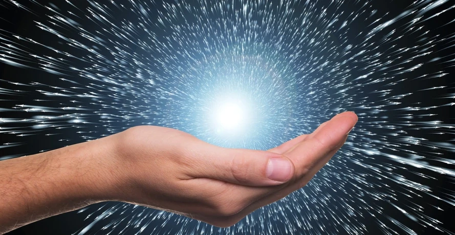 a person holding out their hand with a star in the background, light and space, hyperspeed, immensity, shockwaves are coming out, featured