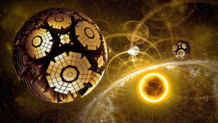 a close up of a sphere with a sun in the background, digital art, by Aleksander Gierymski, precisionism, golden meteors, solarpunk architecture, solar sail infront of sun, fractal system circuit