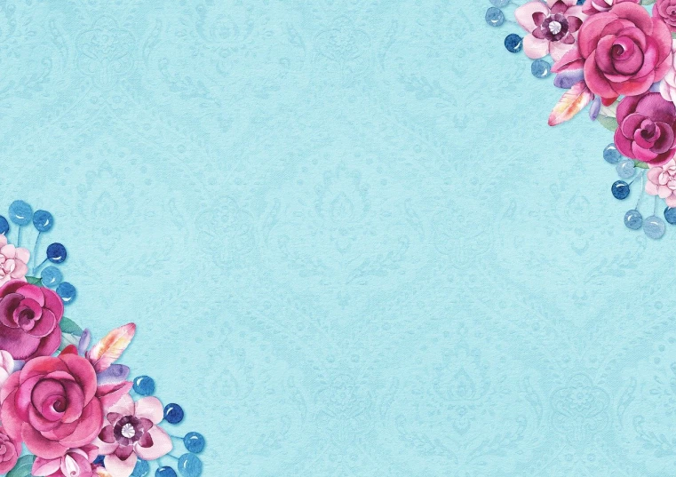 a close up of flowers on a blue background, a digital rendering, inspired by Pearl Frush, art nouveau, ornate colored gems and crystals, handcrafted paper background, blue and pink accents, corner office background
