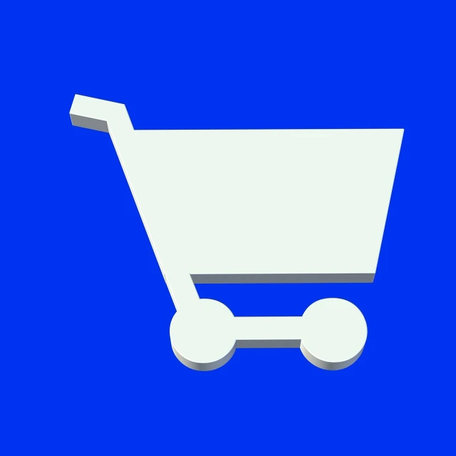 a white shopping cart on a blue background, a digital rendering, by Andrei Kolkoutine, bauhaus, flat icon, stylized silhouette, shopping groceries, toy