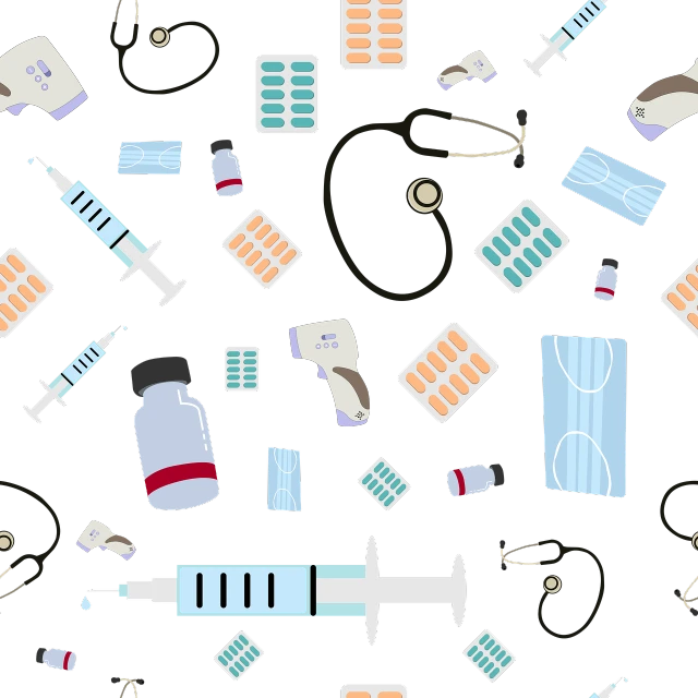 a pattern of medical equipment on a black background, vector art, shutterstock, maximalism, background image, holding syringe, hero shot, birthday