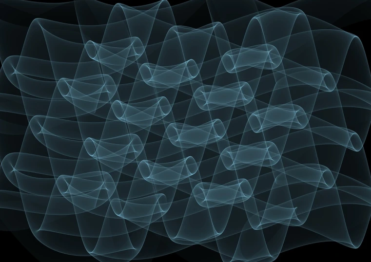 a close up of a pattern of smoke on a black background, a digital rendering, inspired by Lorentz Frölich, generative art, infinity hieroglyph waves, teals, no gradients, strings background