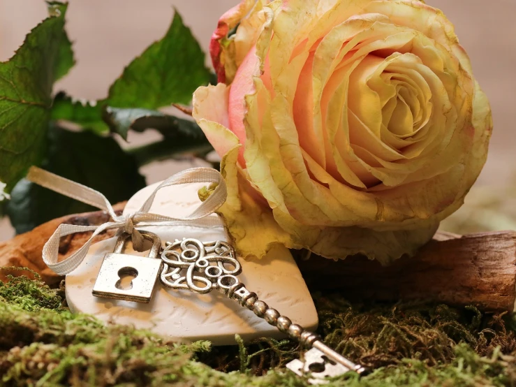 a rose sitting on top of a moss covered ground, a picture, romanticism, keys, pale yellow wallpaper, flowers background, wooden jewerly