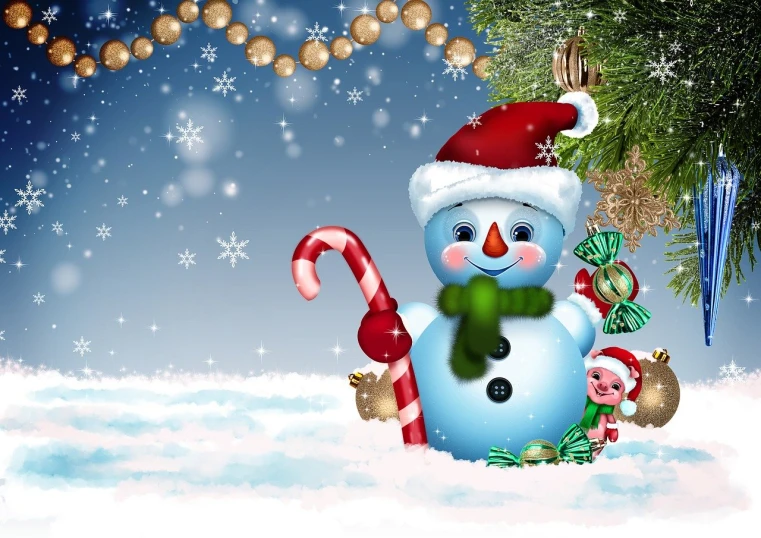 a snowman sitting on top of a snow covered ground, a picture, digital art, candy canes, toys, beautiful background, group photo